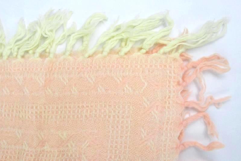 Vintage Handmade Baby Knit Fringe Blanket Pink Peach Cream 36" x 30" Tassels