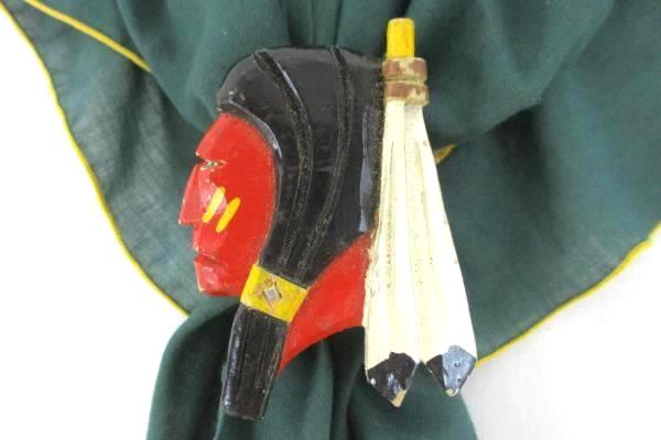 BSA Boy Scout Green Yellow Neckerchief Scarf Triangle Cloth Wood Indian Head Tie