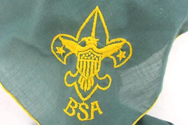 BSA Boy Scout Green Yellow Neckerchief Scarf Triangle Cloth Wood Indian Head Tie
