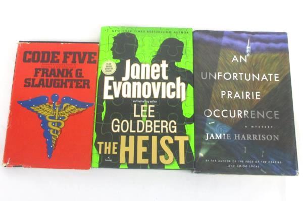 Lot of 3 Hardcover Books Code Five +An Unfortunate Prairie Occurrence +The Heist
