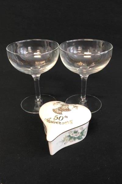 Lot Of 3 Toasting Glasses Heart Trinket Lunds Lites Happy 50th Anniversary