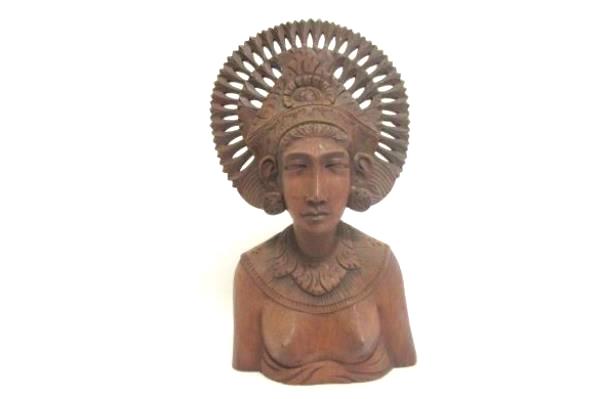 1973 Bali Unique Wooden Carving Head Bust Of A Tribal Warrior Woman W/ Headdress