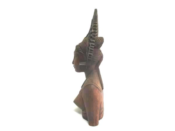 1973 Bali Unique Wooden Carving Head Bust Of A Tribal Warrior Woman W/ Headdress
