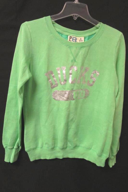 Pullover Sweater BLUE 84 Green/Silver Lettering Cotton Blend Women's Size Small