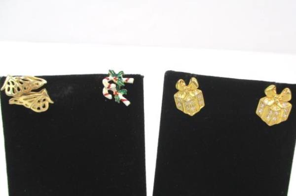 3 Pairs Gold Tone Pierced Earrings Presents Rhinestones Butterflies Candy Canes