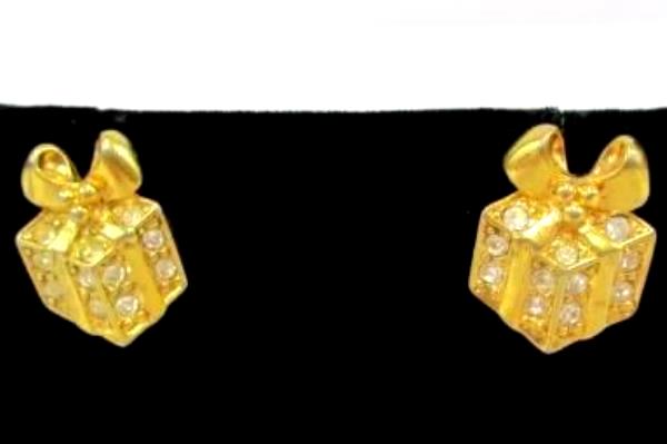 3 Pairs Gold Tone Pierced Earrings Presents Rhinestones Butterflies Candy Canes