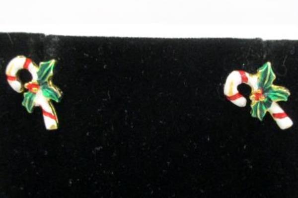 3 Pairs Gold Tone Pierced Earrings Presents Rhinestones Butterflies Candy Canes