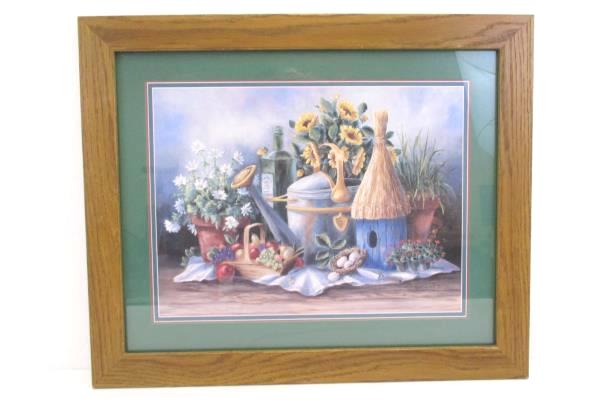 Painted Framed & Matted Barbara R Delisky Garden Flowers Watering Can Fruit