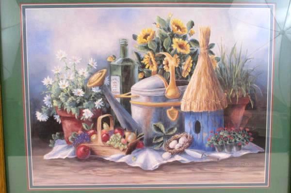 Painted Framed & Matted Barbara R Delisky Garden Flowers Watering Can Fruit