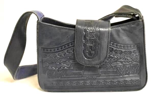 Hand Bag Mayan Blue Leather & Suede Magnetic Snap Strap W/ Zipper Made In Mexico