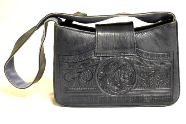Hand Bag Mayan Blue Leather & Suede Magnetic Snap Strap W/ Zipper Made In Mexico