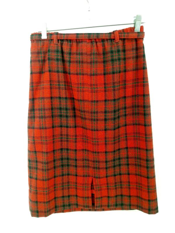 Vtg PRESTIGE of Boston Skirt Belted Wool Pencil Red Plaid Knee Length Sz 8