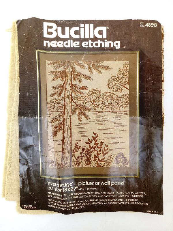 Vtg 70's Bucilla 48512 Needle Etching Embroidery Landscape Wall Panel COMPLETE