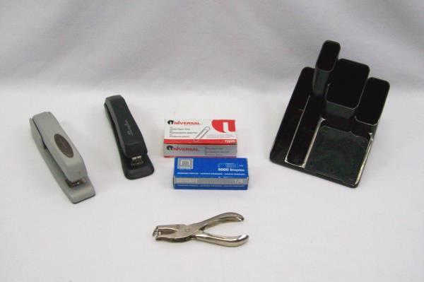 Lot of Office Supplies Pen Holder Staples Paper Clips 2 Staplers One Hole Punch