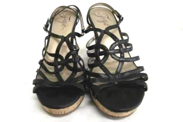 Women's Fergie Open Toe Wedge Sandals Heels Black Leather Size 8.5