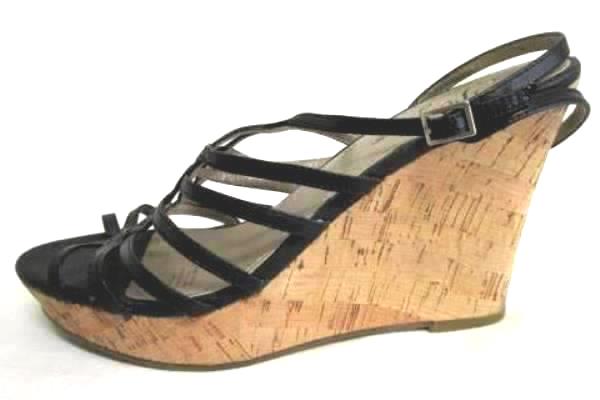 Women's Fergie Open Toe Wedge Sandals Heels Black Leather Size 8.5