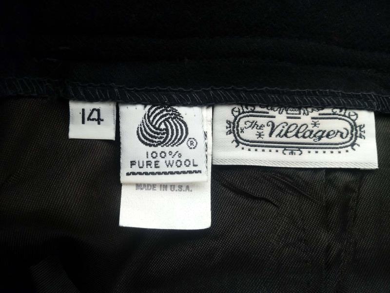 Vintage '90s THE VILLAGER Black Skirt Pleated Panel 100% Wool Women's Sz 14