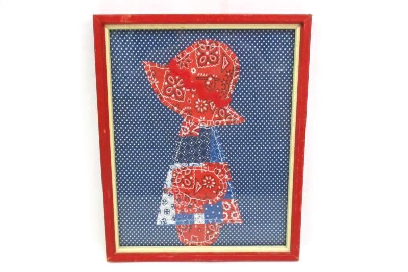 1970's Framed Stitched Bandanna Art Deco Red, White Blue A Girl Wearing A Bonnet