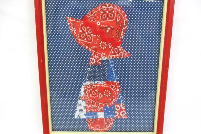 1970's Framed Stitched Bandanna Art Deco Red, White Blue A Girl Wearing A Bonnet