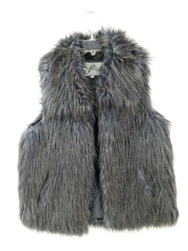 FAUX FRENZI by DENA Long Vegan Faux Fur Vest Black / Blue Stripe Open Front Sz M