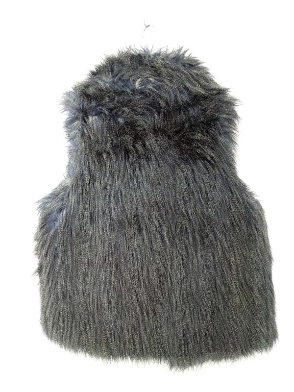 FAUX FRENZI by DENA Long Vegan Faux Fur Vest Black / Blue Stripe Open Front Sz M