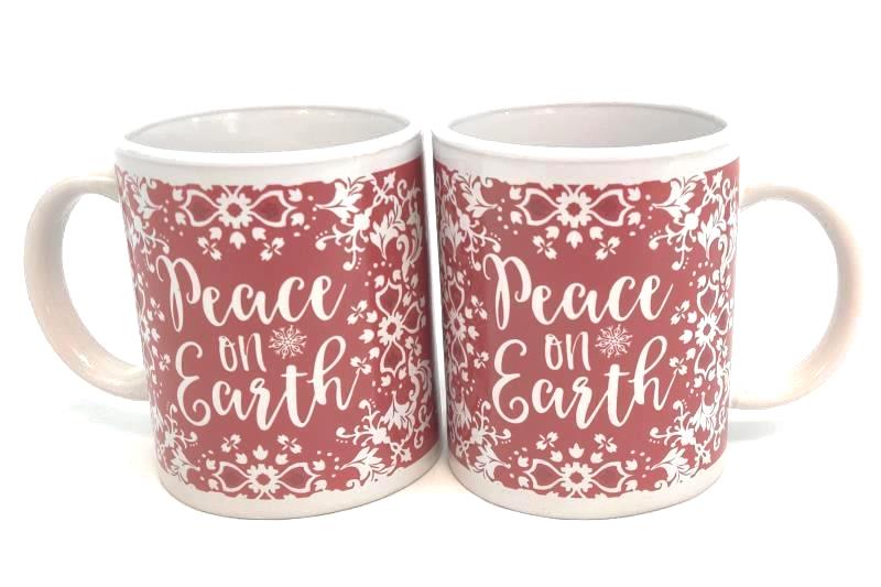 Set Of 2 Red And White "Peace On Earth" Coffee Mugs - 2018 Thirty-Fourth & Main