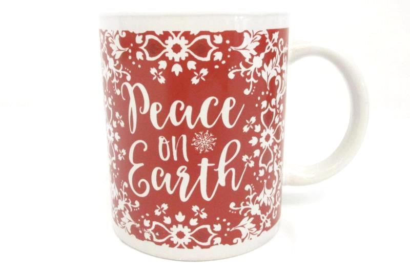 Set Of 2 Red And White "Peace On Earth" Coffee Mugs - 2018 Thirty-Fourth & Main