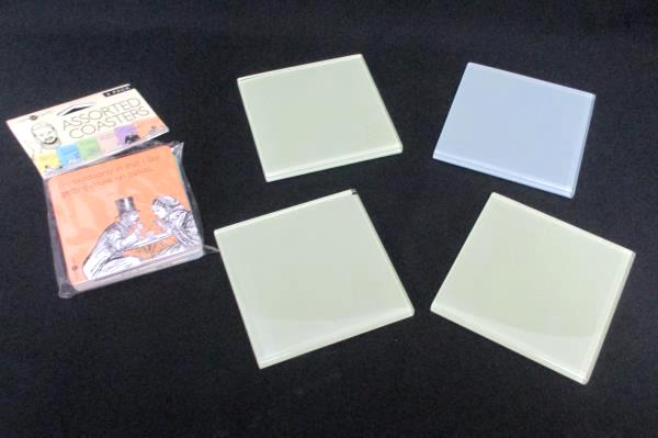 Lot of 9 Mixed Coasters 4 Glass Green Blue 5 Cardboard Paper Some E Cards