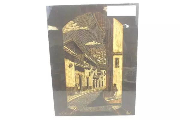 Vintage Beeswax & Plant Resin Art Painting Church Scene Edison Nieto Unframed