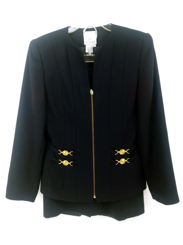 Vtg 90s EN AVANCE 2pc Set Black Skirt Suit & Blazer w/Gold Zipper Career Size 4