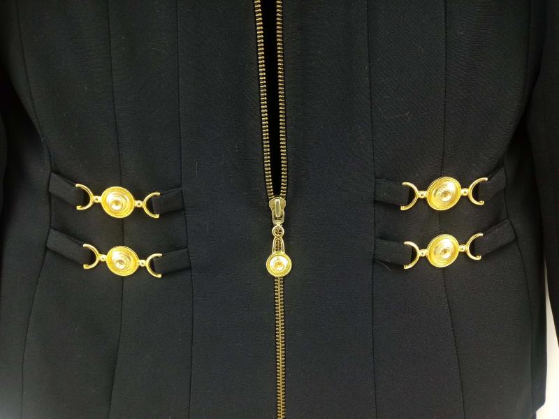 Vtg 90s EN AVANCE 2pc Set Black Skirt Suit & Blazer w/Gold Zipper Career Size 4