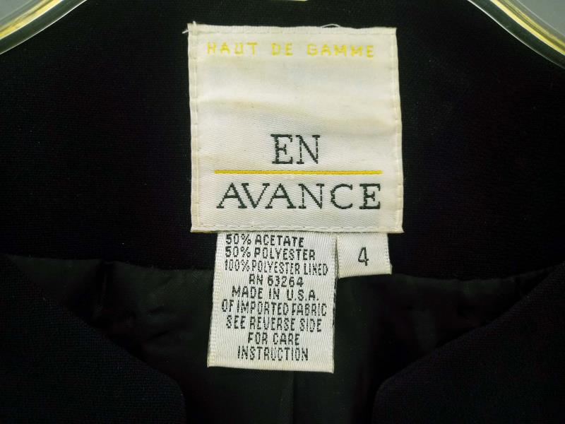 Vtg 90s EN AVANCE 2pc Set Black Skirt Suit & Blazer w/Gold Zipper Career Size 4