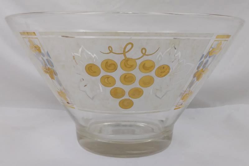 Mid-Century Modern 10.5" Glass Serving Salad Chip Bowl Gold Grapes & Leaves