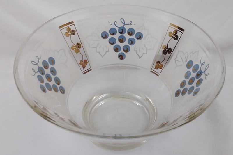 Mid-Century Modern 10.5" Glass Serving Salad Chip Bowl Gold Grapes & Leaves