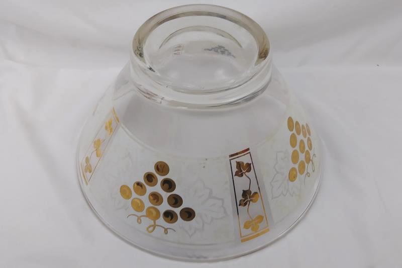 Mid-Century Modern 10.5" Glass Serving Salad Chip Bowl Gold Grapes & Leaves
