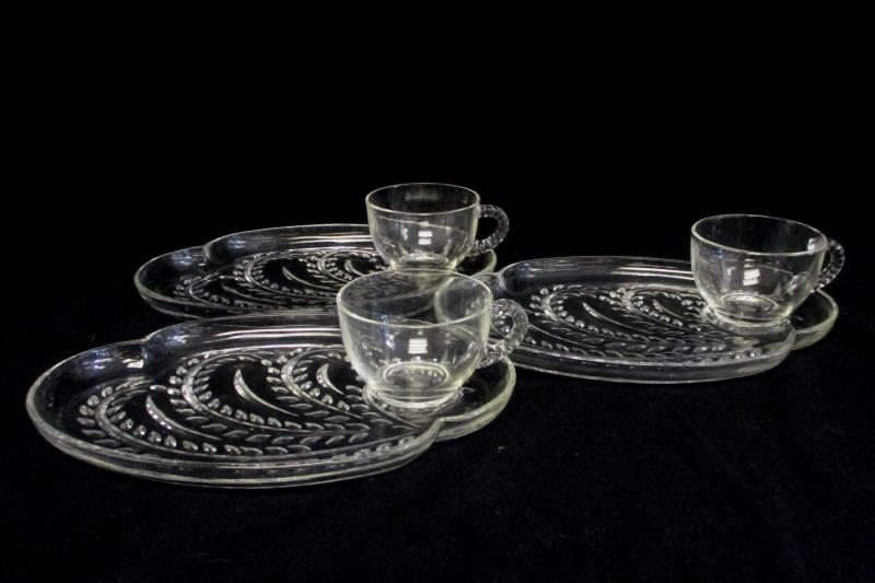 Set of 3 Vintage Federal Glass Homestead Snack Plates w/ Cups Mid-Century Modern