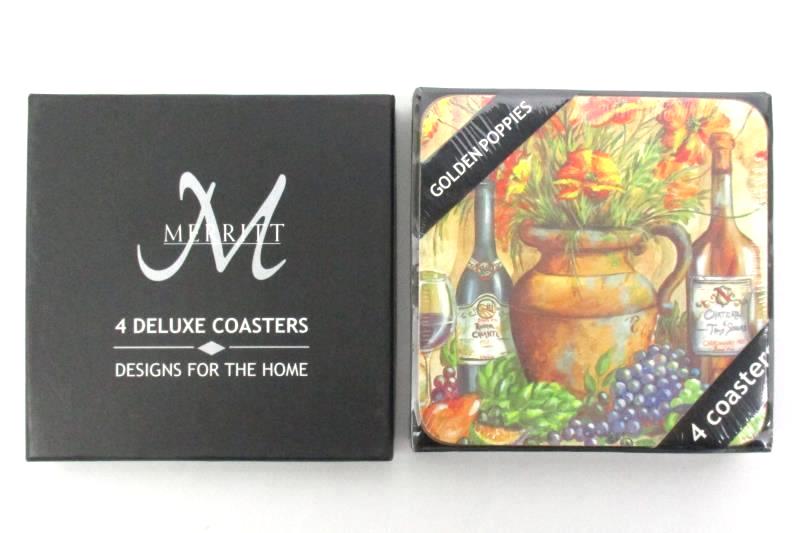 Rare Vintage Merritt Golden Poppies Wine And Poppy Set Of 4 Square Coasters