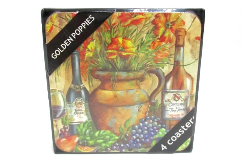 Rare Vintage Merritt Golden Poppies Wine And Poppy Set Of 4 Square Coasters