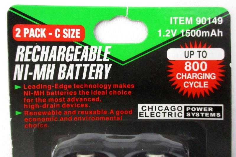 2 Pack of Chicago Electric Rechargeable NiMH Batteries Size C #90149