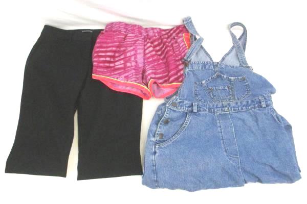 Lot of 3 Women's Pants- Pink Athletic Shorts, Black Slacks, Light Denim Overalls