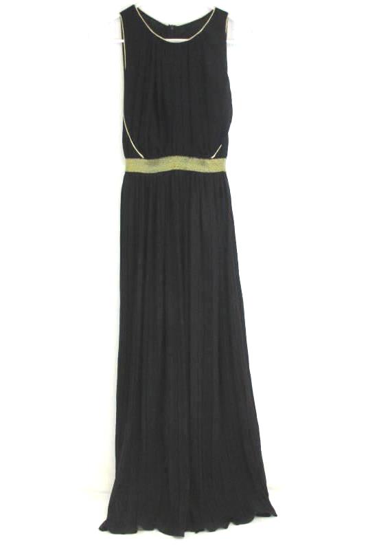 Women's Size Small Long Black Chiffon Costume Dress Halloween Gold Piping