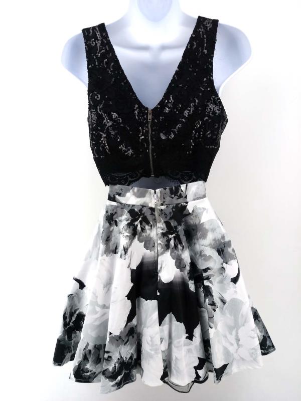 JODI KRISTOPHER 2 Piece Dress Floral Skirt Sequin Crop Top Homecoming Jr Sz 3