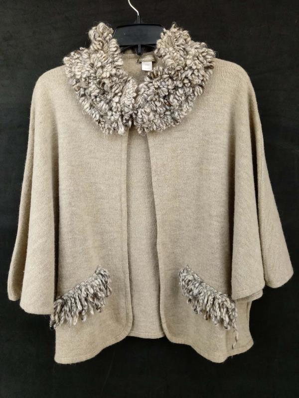 NORDSTROM Wool Blend Cape Shawl Beige Heather Boucle Fringe Made in Italy O/S