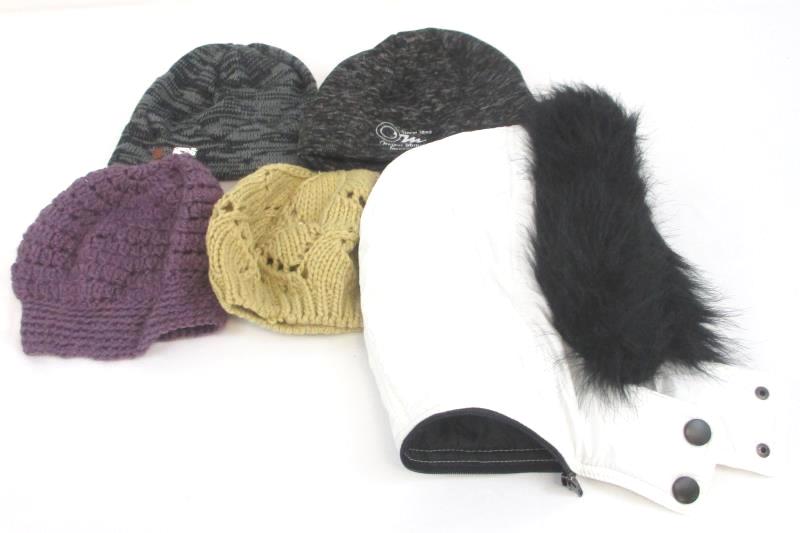 Lot of 5 Winter Purple Tan Knit Hats Oregon Mutual Riverdale Beanie Jacket Hood