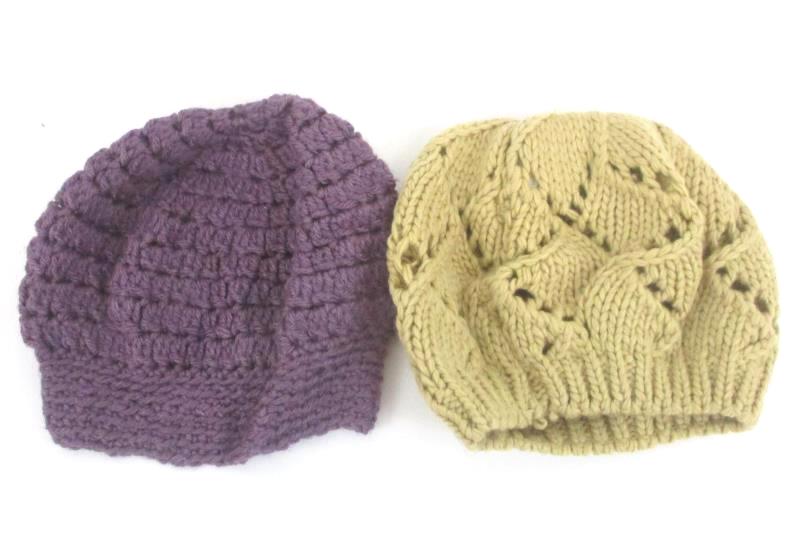 Lot of 5 Winter Purple Tan Knit Hats Oregon Mutual Riverdale Beanie Jacket Hood