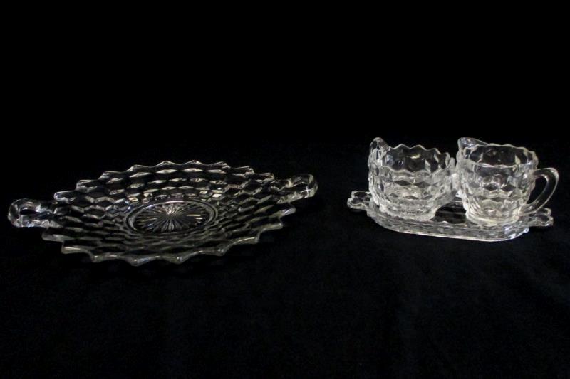 Jeanette Clear Cube Cream & Sugar Set w/ Tray + Cake Plate Depression Glass