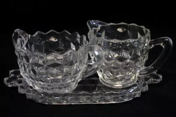 Jeanette Clear Cube Cream & Sugar Set w/ Tray + Cake Plate Depression Glass
