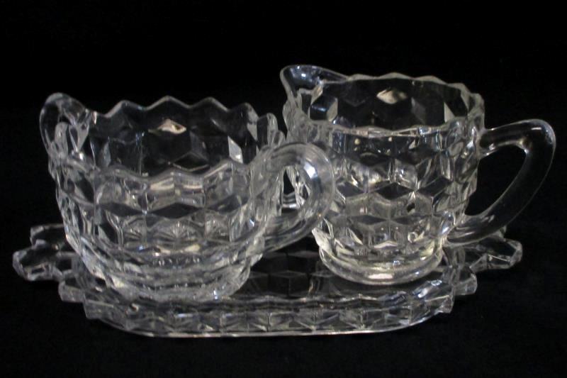 Jeanette Clear Cube Cream & Sugar Set w/ Tray + Cake Plate Depression Glass