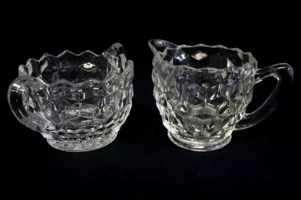 Jeanette Clear Cube Cream & Sugar Set w/ Tray + Cake Plate Depression Glass