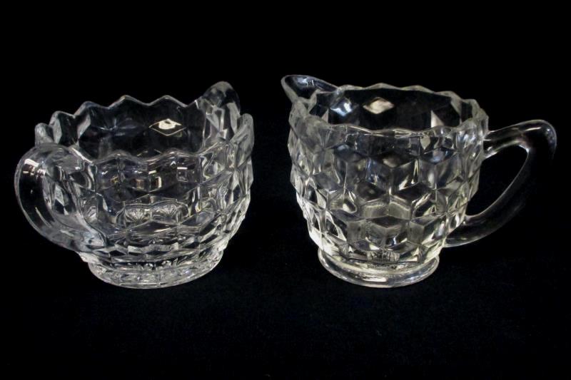 Jeanette Clear Cube Cream & Sugar Set w/ Tray + Cake Plate Depression Glass